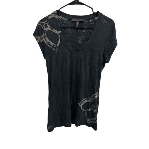 BCBGMaxAzria Burnout Graphic Short Sleeve T-Shirt Black Sz Large Scoop Neck Tee - Picture 1 of 9